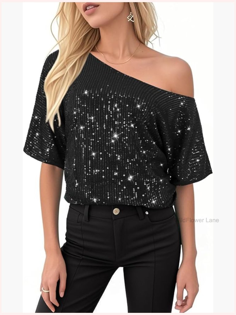 Glitter Sequin Short Sleeve Crew Neck Top Going Out Tee